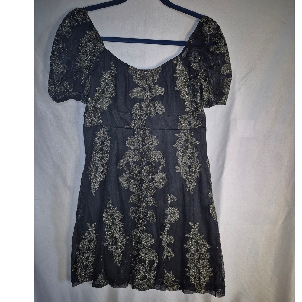 Altar'd State Black Gold Floral Applique Medium Dress